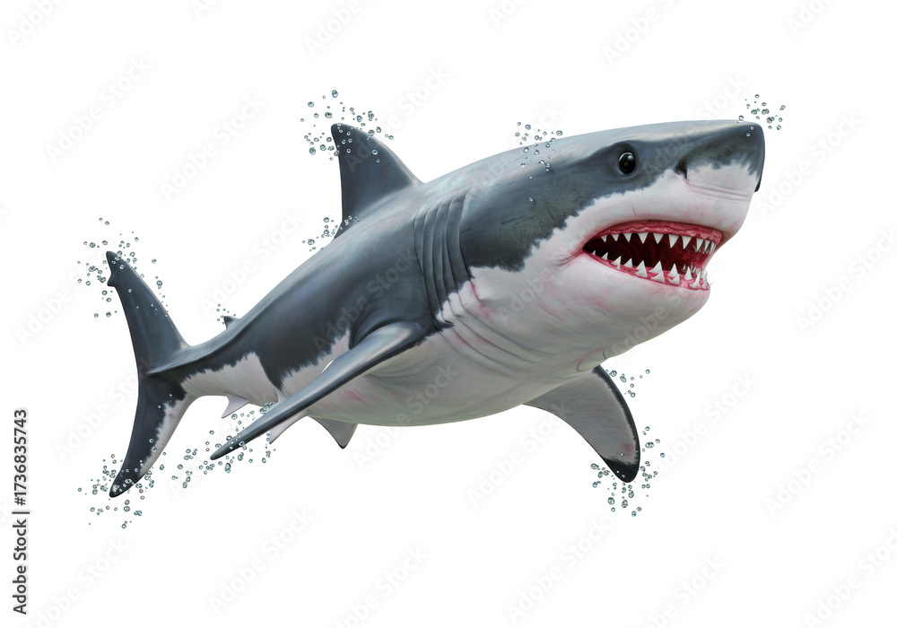 Naklejka premium Great White Shark with Open Mouth PNG illustration isolated on transparent background Dangerous predator with sharp teeth