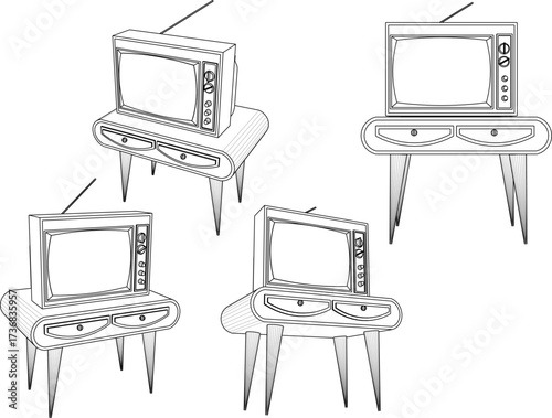 sketch vector illustration design image of old classic vintage ethnic television on table  