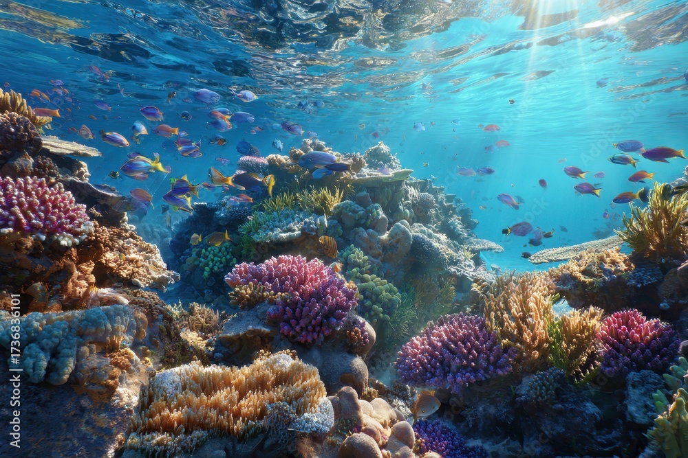 Fototapeta premium Underwater view of a vibrant coral reef ecosystem teeming with colorful fish in clear blue waters during a sunny day