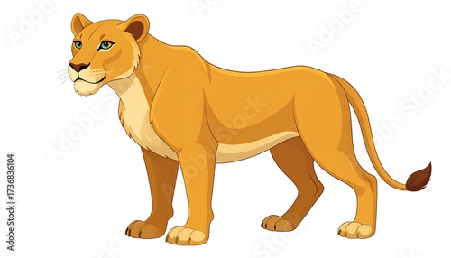 A cartoon lioness stands alert, showcasing a rich golden hue and detailed features.