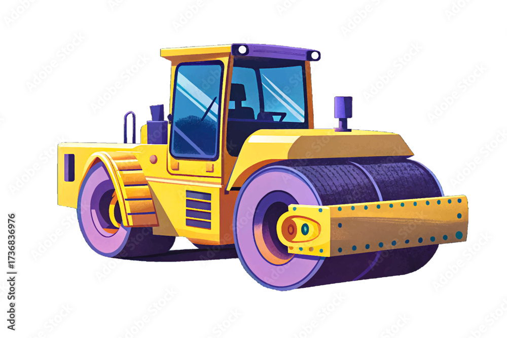 Naklejka premium Heavy duty vibrant yellow road roller standing on a isolated background, highlighting robust construction features, illustrated in premium professional vector style, suitable for stock imagery