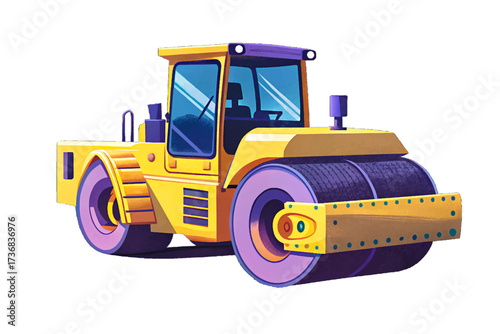 Heavy duty vibrant yellow road roller standing on a isolated background, highlighting robust construction features, illustrated in premium professional vector style, suitable for stock imagery