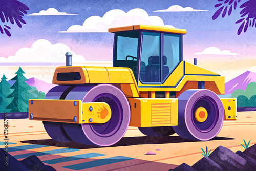Heavy duty vibrant yellow road roller standing on a bright dirty road, highlighting robust construction features, illustrated in premium professional vector style, suitable for stock imagery
