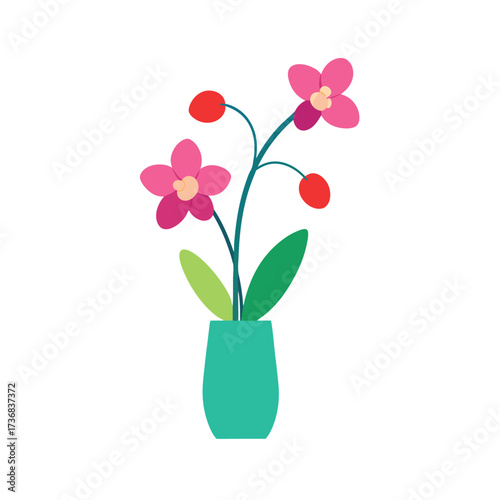 flat color vector of a tall vase with orchids