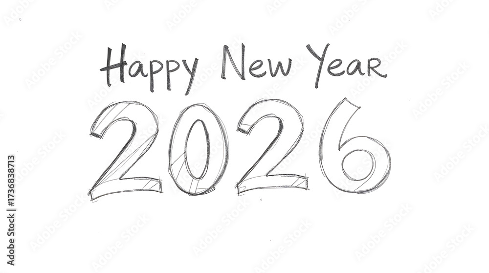 Naklejka premium Black and White Happy New Year 2026 text sketch greeting card sign background