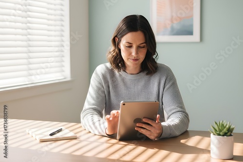 Focused Young Woman Working on Digital Tablet at Sunny Minimalist Home Office Desk with Natural Light Streaming Through Blinds