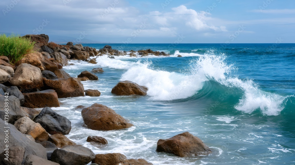 Obraz premium Ocean wave crashing on a rugged rocky coast