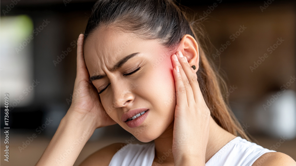 Naklejka premium A woman with a headache is holding her head