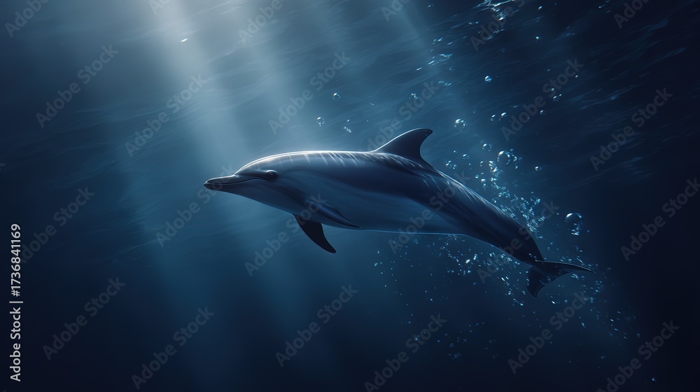 Fototapeta premium Graceful dolphin swimming under sunlight beams in deep blue ocean water, representing harmony and aquatic exploration
