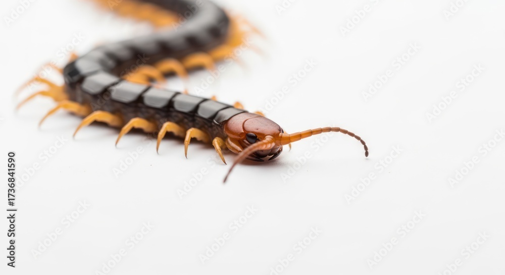 Fototapeta premium Close-up macro of a centipede crawling on a clean white surface revealing its segmented body and