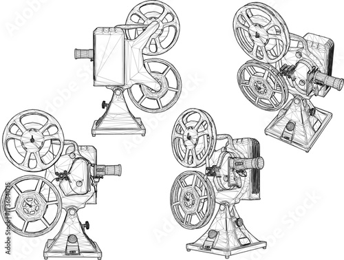 sketch vector illustration silhouette design old classic vintage projector camera old-time cinema building 