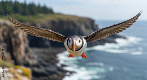 Wallpaper Mural Atlantic Puffin in Flight Over Coastal Cliffs, Majestic Seabird on a Clear Day Torontodigital.ca