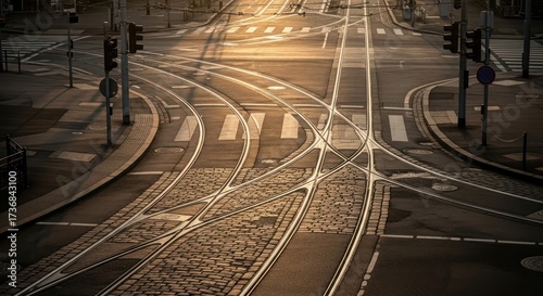 Wallpaper Mural Intersecting urban lines: A symmetrical network of streetcar tracks at twilight's golden hour Torontodigital.ca