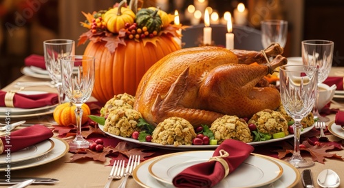 Wallpaper Mural Festive autumnal table setting featuring roasted turkey pumpkin decor and elegant glassware to Torontodigital.ca