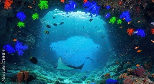 Wallpaper Mural Vibrant undersea spectacle: A manta ray glides through a dazzling coral reef system Torontodigital.ca