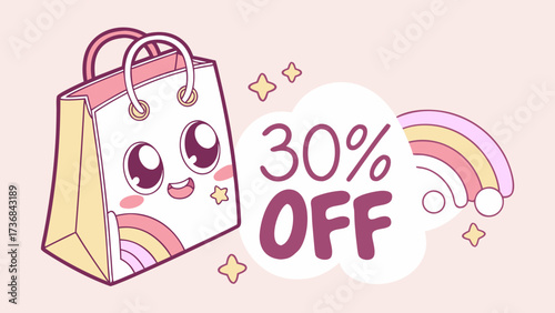 Thirty percent off sale promotion with cute shopping bag and rainbow for retail marketing campaign design