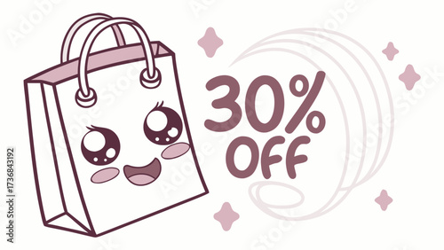 Thirty percent off sale promotion with cute shopping bag and rainbow for retail marketing campaign design