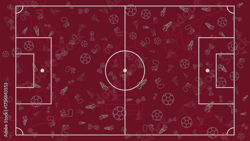 Minimalist flat design football soccer field with maroon red background and seamless white outline sports icons pattern, perfect for tournament poster, championship banner, flyer, and digital wallpape
