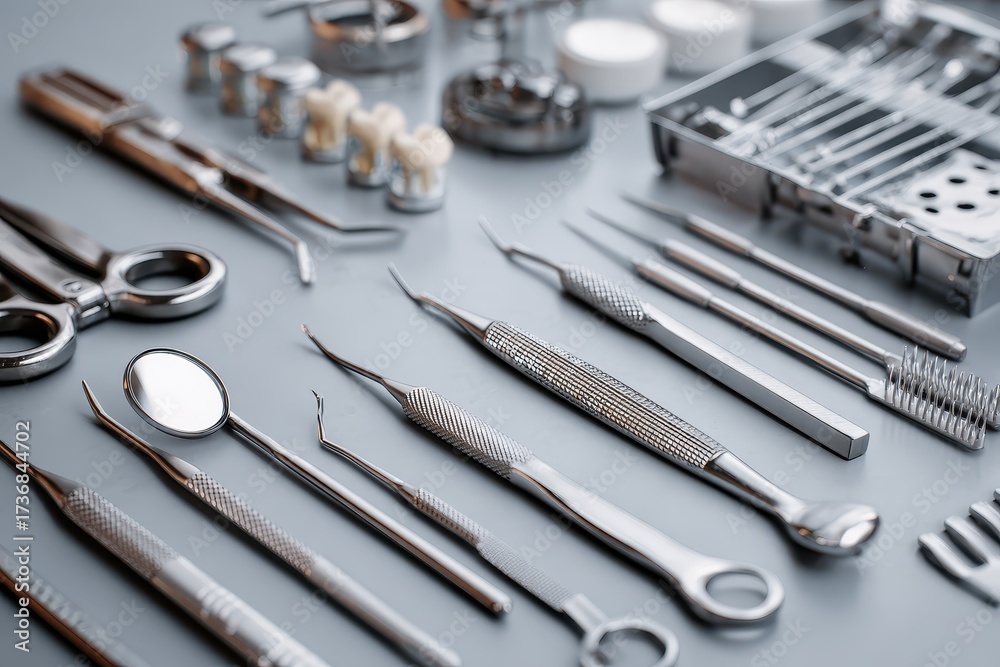Fototapeta premium Collection of dentist tools and equipment arranged neatly on a work surface for dental procedures and patient care in a clinic setting
