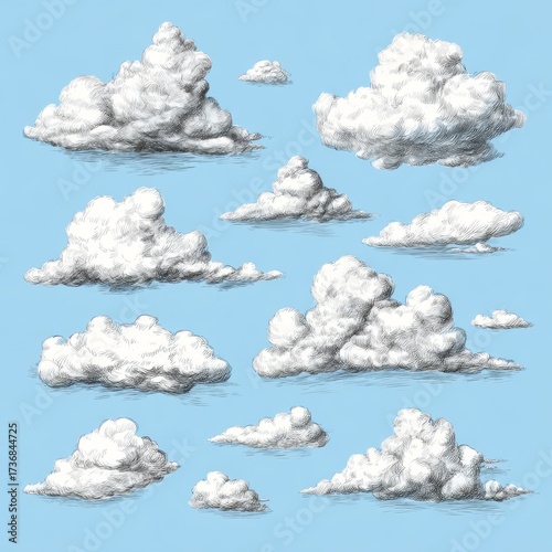 Collection of various clouds in the sky, evoking a sense of freedom, peace, and vastness. The different shapes and sizes of the clouds create a dynamic and visually appealing scene.