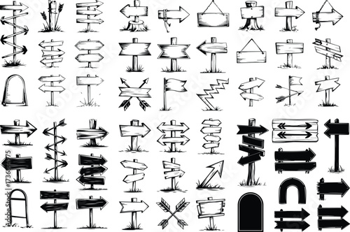 Hand Drawn Direction Sign Silhouette Collection Sketch Style Road Sign Icon Silhouette Set