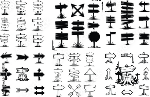Hand Drawn Direction Sign Silhouette Collection Sketch Style Road Sign Icon Silhouette Set