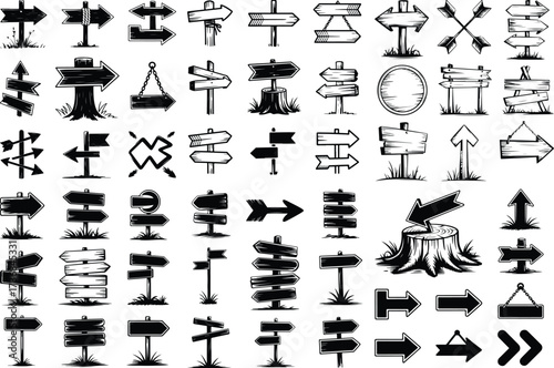 Hand Drawn Direction Sign Silhouette Collection Sketch Style Road Sign Icon Silhouette Set