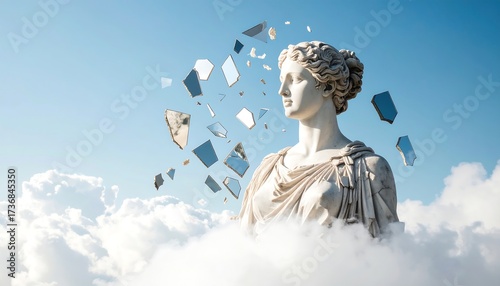 Statue in the Clouds with Floating Mirror Fragments Against Blue Sky