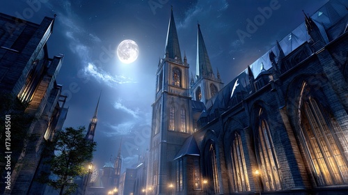 Gothic church illuminated at night under the full moon  