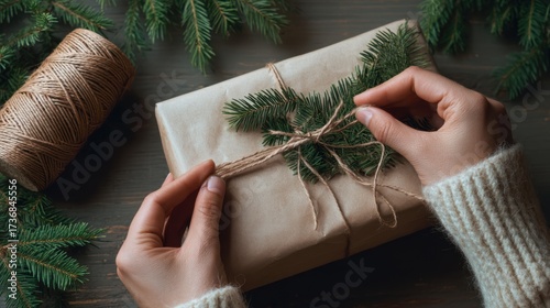 Close-up shot of hands wrapping a present with kraft paper, pine branches, and twine