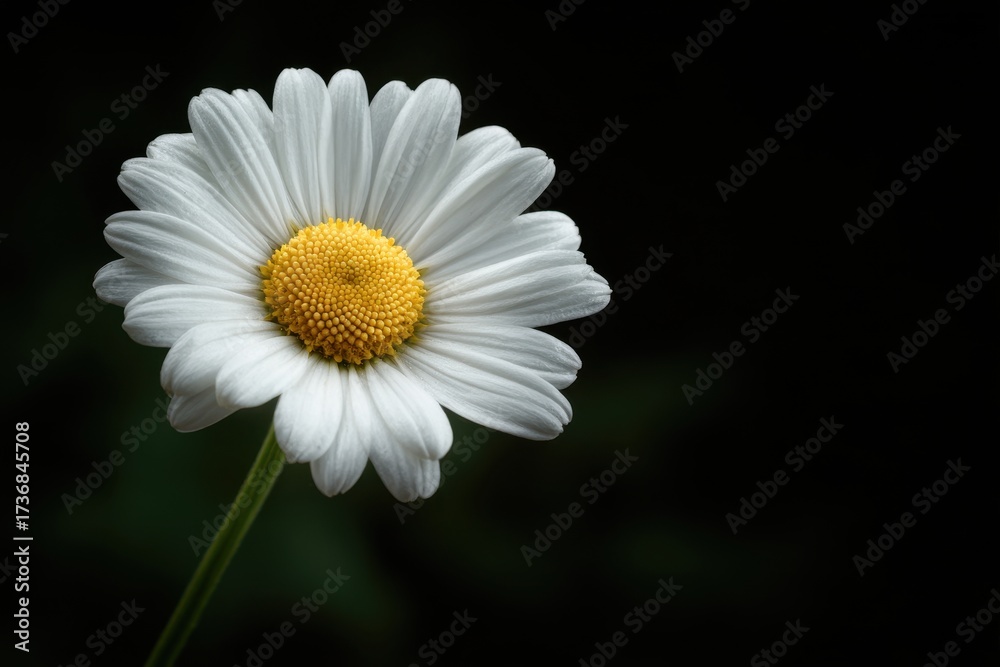 Fototapeta premium Striking White Daisy with Golden Center on Dark Background, Emphasizing Purity and Natural Beauty.