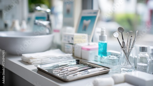 Wallpaper Mural Dental tools and equipment arranged neatly on a countertop in a modern clinic, showcasing hygiene products and instruments for dental care and patient treatment Torontodigital.ca
