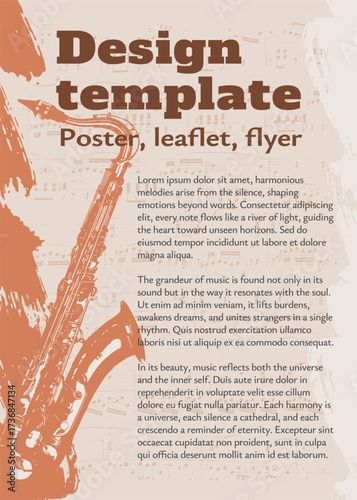 Musical background with saxophone, sheet music and brush textured strokes. Vector template for design of musical poster, leaflet, flayer.