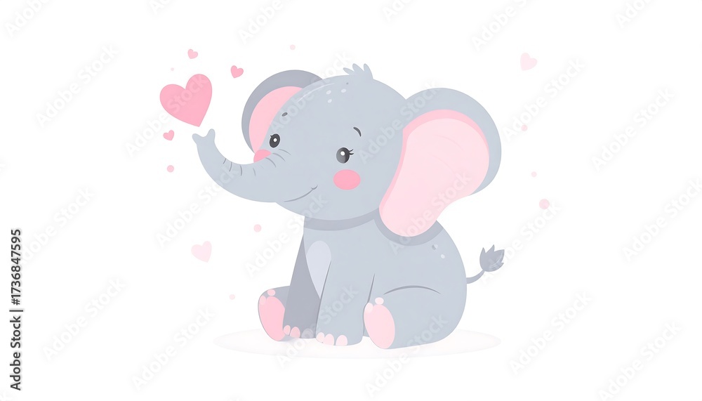 Obraz premium A charming little gray elephant sits, reaching for a pink heart, against a white background.