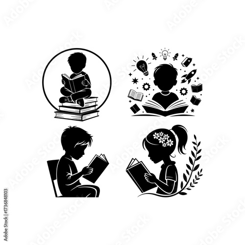 Silhouettes of people or children reading books, Isolated diverse kids with backpacks walking to school, women and children, education concept, learning, knowledge, library scene, study time