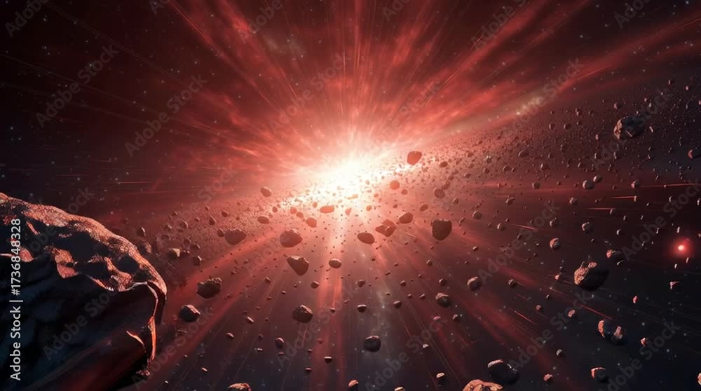 Asteroids floating in space with a bright light source and red nebula background in a cosmic view