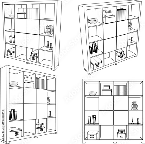 vector sketch illustration design wardrobe shelf furniture bookcase modern minimalist for home interior living room 