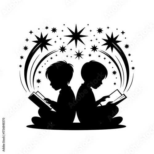 Silhouettes of people or children reading books, Isolated diverse kids with backpacks walking to school, women and children, education concept, learning, knowledge, library scene, study time