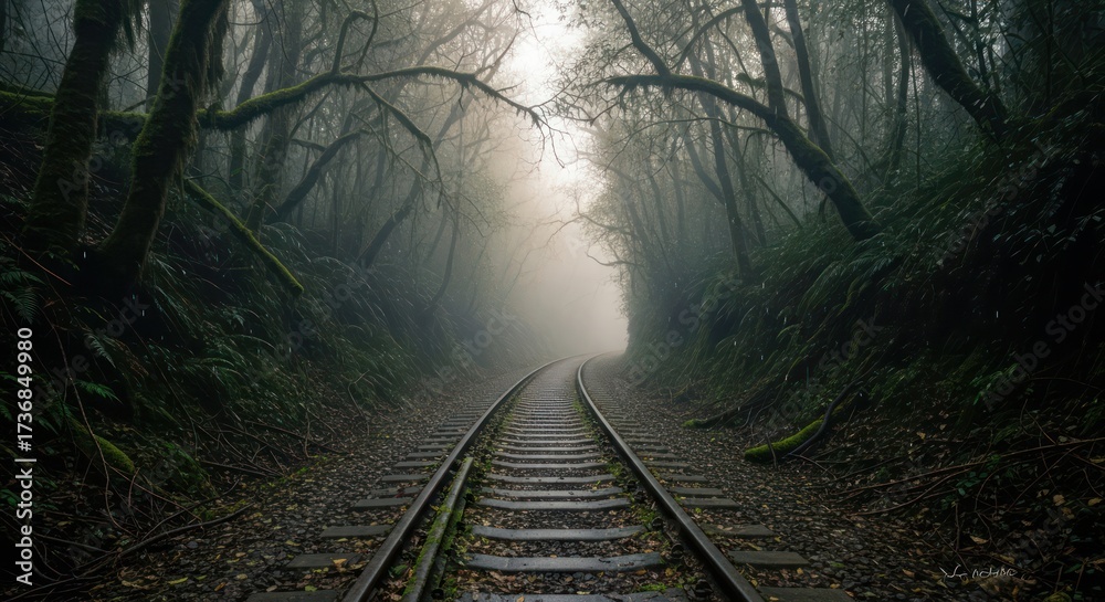 Fototapeta premium Mystical railway journey through a misty forest landscape with a captivating allure