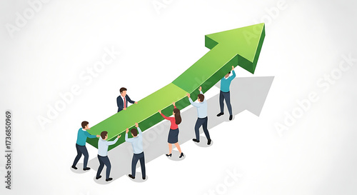 Isometric illustration of a professional team supporting an upward arrow, symbolizing collective business growth and progress