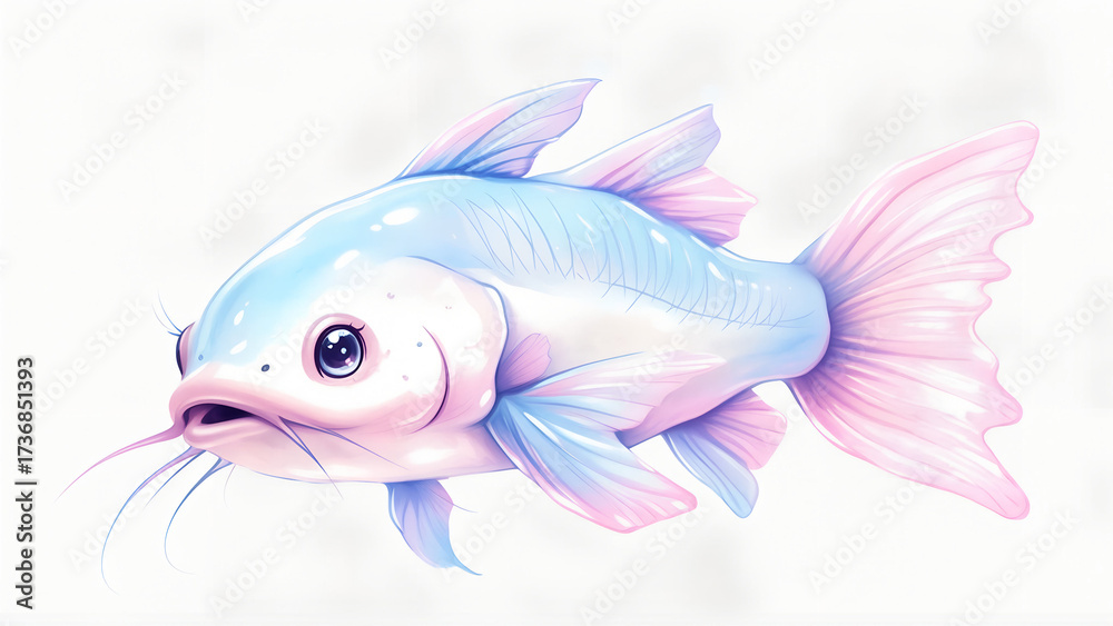 Fototapeta premium Pastel Fish Illustration, Light Blue and Pink Aquatic Animal Art