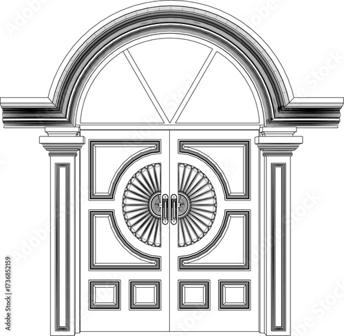 vector sketch illustration of a traditional ethnic vintage teak wood door design with Jepara carvings