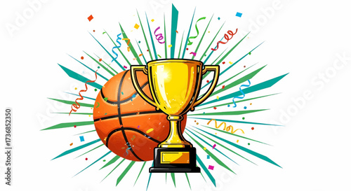 Retro style basketball sport competition illustration, a dynamic poster with pop art sunburst for championship victory