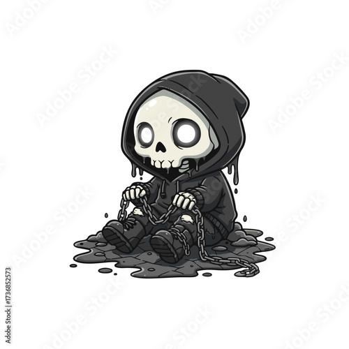 Cute skeleton in a black hoodie and boots sitting on dark puddle, holding a rusty chain, cartoon gothic character with spooky yet playful design.