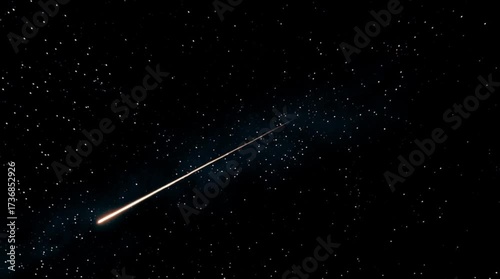 A bright shooting star streaks across a dark night sky filled with many twinkling stars in the distance
