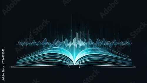 Open book with glowing sound waves on a dark background.