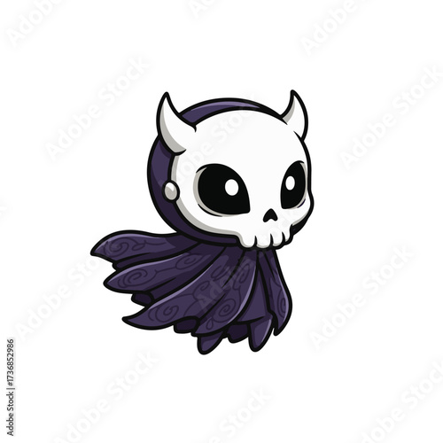 Adorable horned skeleton character in a tattered purple cloak, cartoon gothic design with a mix of spooky and cute fantasy style.
