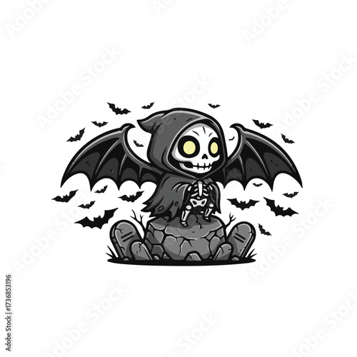 Cute chibi skeleton in a dark hood with bat wings, sitting on a rock surrounded by flying bats, Halloween spooky cartoon illustration.