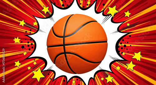 Dynamic pop art basketball illustration on a retro comic background with sunburst explosion rays for a sport championship