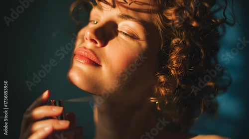 Woman with curly hair and closed eyes smelling perfume bottle in warm light against dark background